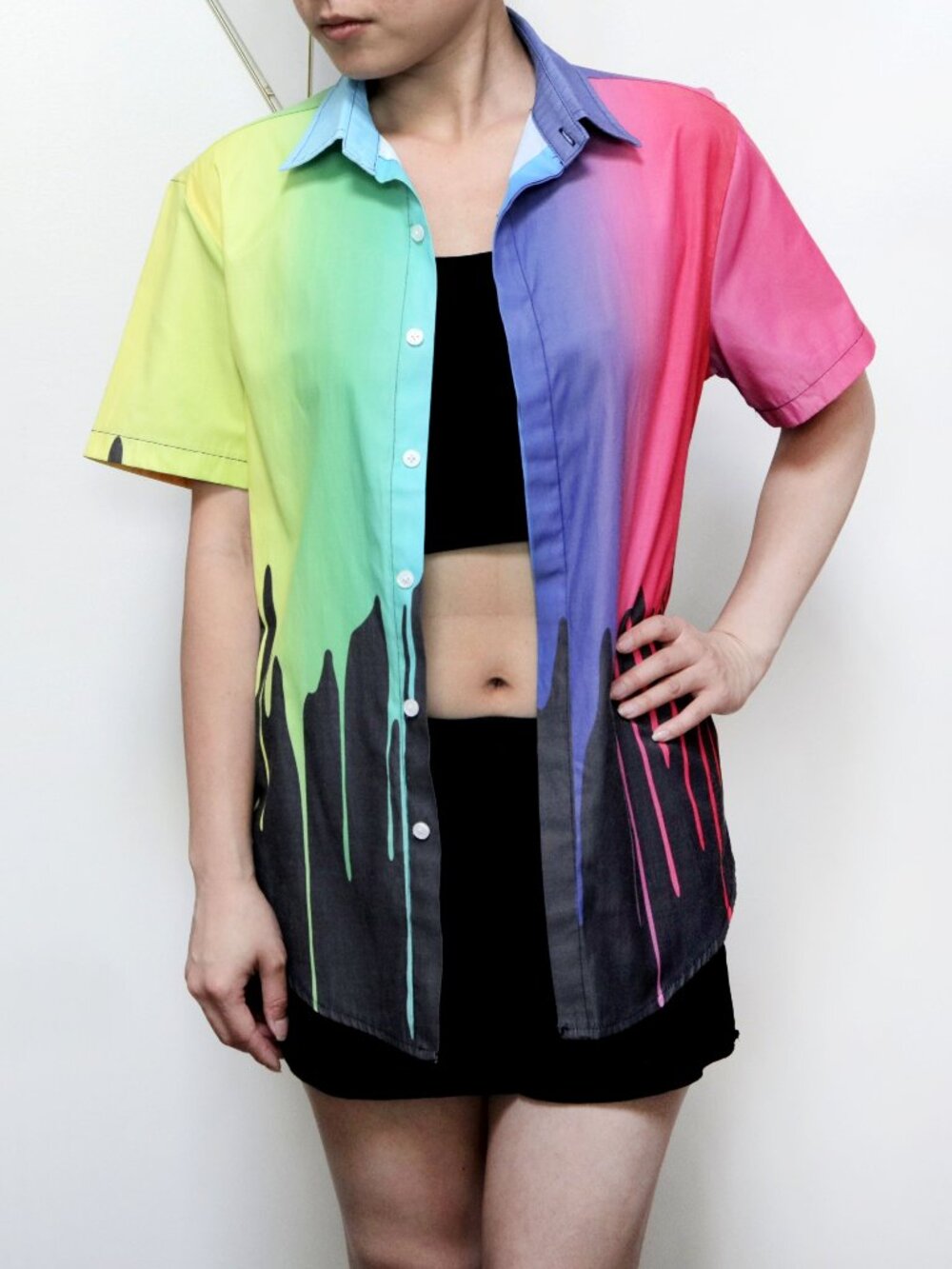 🌈 Y2K Rainbow Paint Drip Button Up Shirt, Unisex Festival Short Sleeve Top